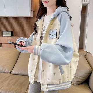 宅萌可爱猫咪印花连帽卫衣女秋冬加绒设计感撞色魔术贴百搭外套潮