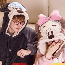 果壳同款情侣睡衣冬季珊瑚绒保暖新款加厚女家居服男卡通连帽套装