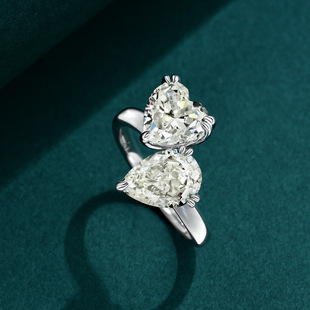 Shipei jewelry heart-shaped 8*8 Ice Flower cut white G color 2 Karat double stone couple open ring adjustable 6/8/1