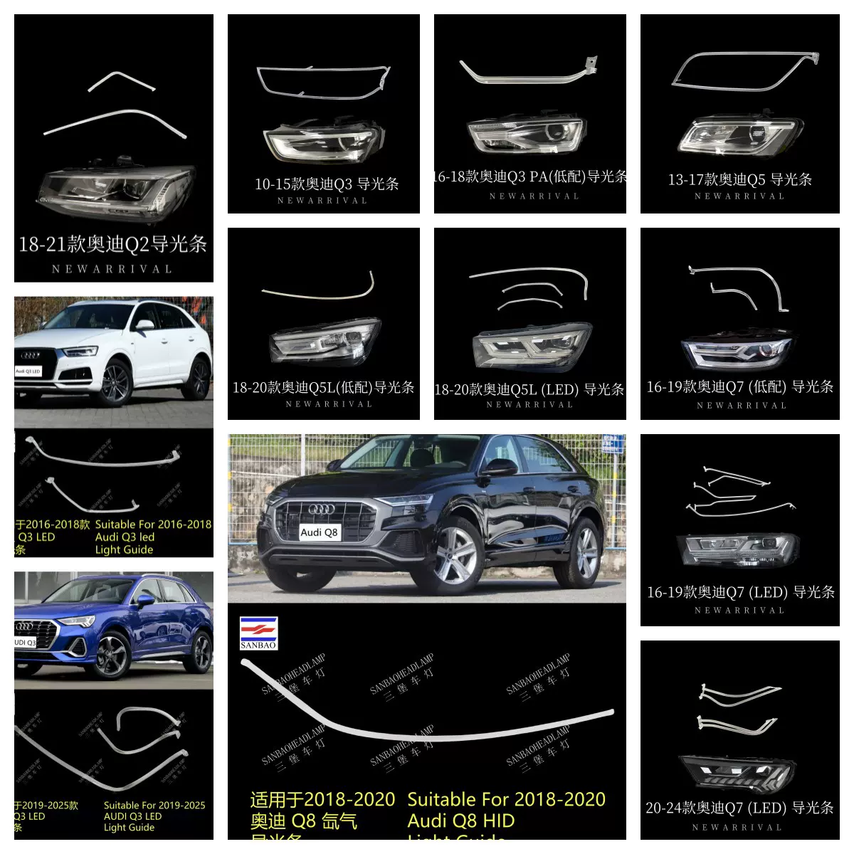 适用于奥迪系列Q2/Q3/Q5/Q7/Q8汽车前大灯日行灯带透明导光条高亮