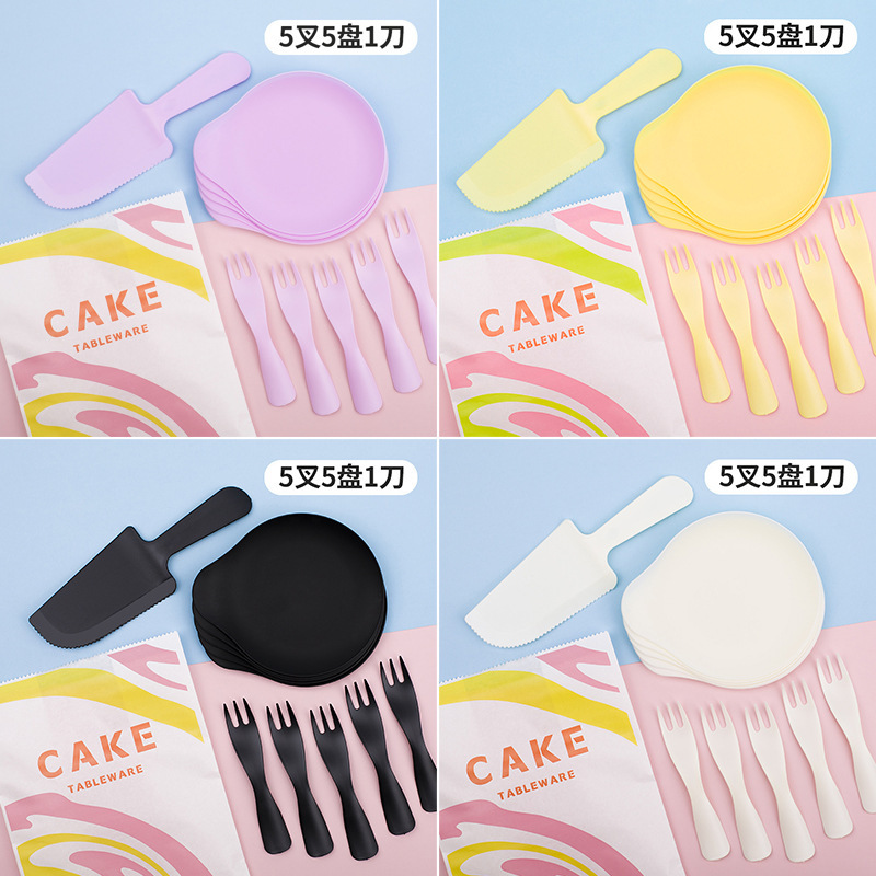 Cake Dinner Plate Knife and Fork Set Disposable Dinner Plate Cake Tableware Combination Water Drop Plate Plastic Cake Knife and Fork Dish Plate