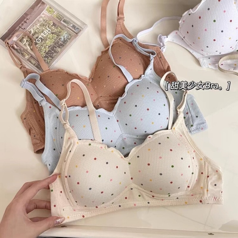 Japanese-Style Sweet Lingerie for Women with Small Busts, Push-Up, High-Quality, Wireless, Thin, Seamless, Polka Dot Bra, Direct from Manufacturer