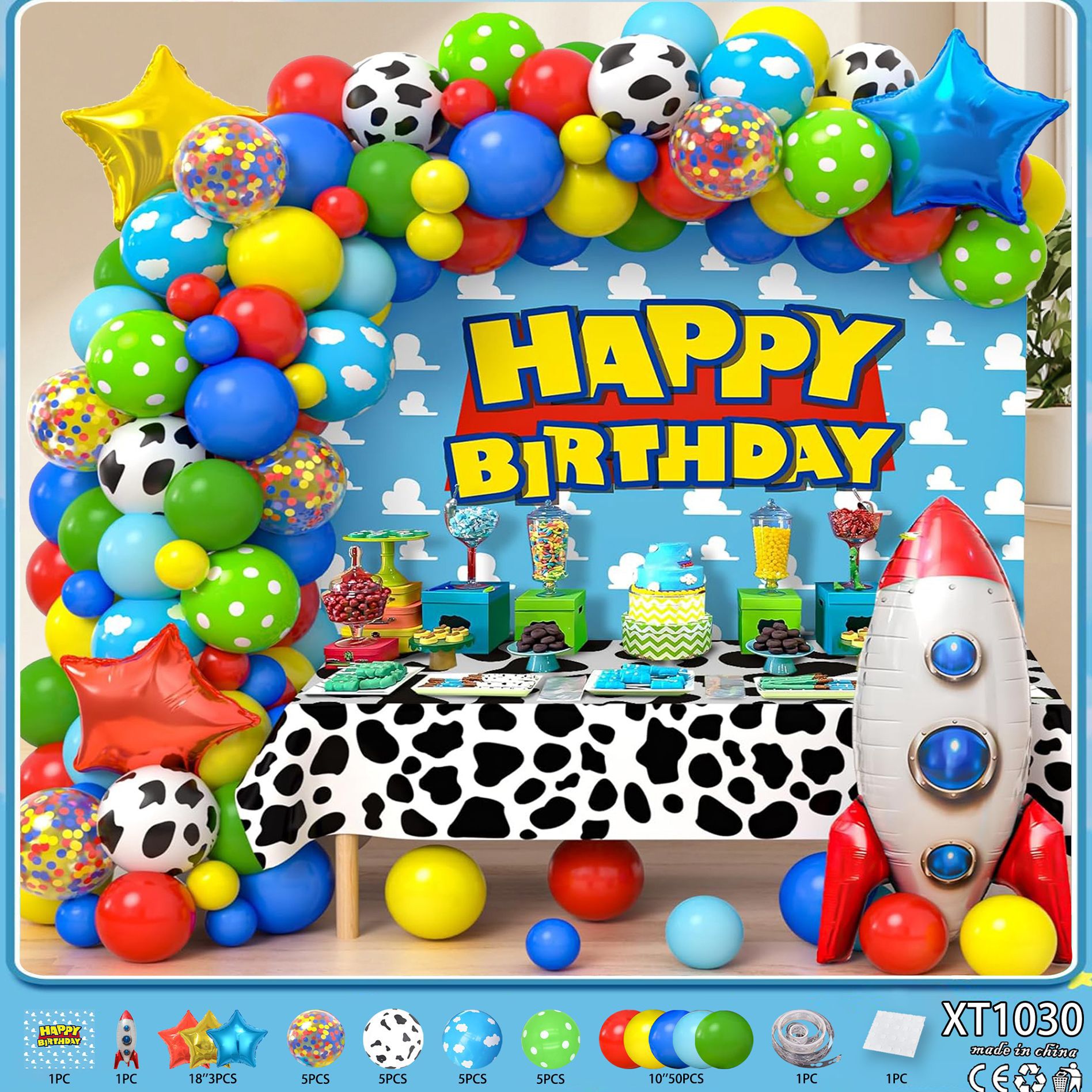 Fiesta de cumpleaños redonda escena diseño decorativo globo traje de juguete para niños globo de aluminio letras y números