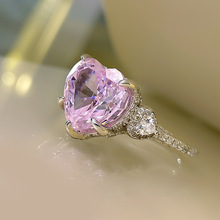 粉色爱心钻戒指女款 s925 纯银镀金心形食指指环时尚个性首饰品