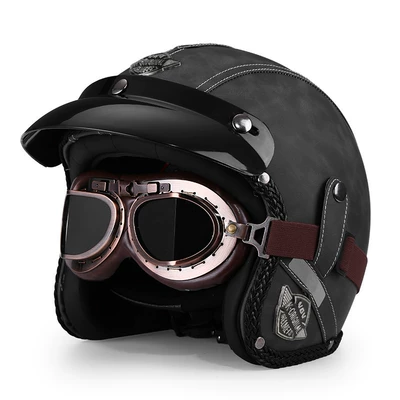 Motosiklet dəbilqələri — Retro Cruise Motorcycle Helmet for - m-old-gray-bronze-mirror-free-hat-brim-face-towel