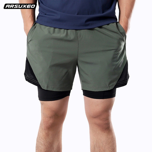 Cross-border outdoor fitness sports running training basketball jogging five-point pants double layer solid color breathable shorts for men 208