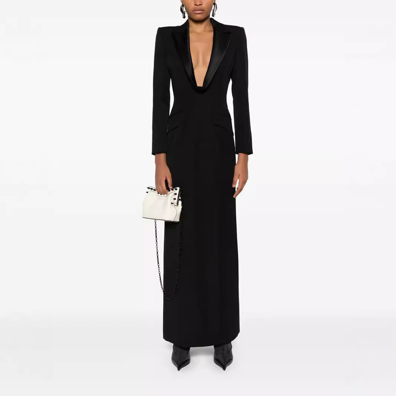 2026 Spring and Autumn New Style Sexy Deep V-Neck Long Sleeve Back Zipper Extended Black Elegant Women's Dress