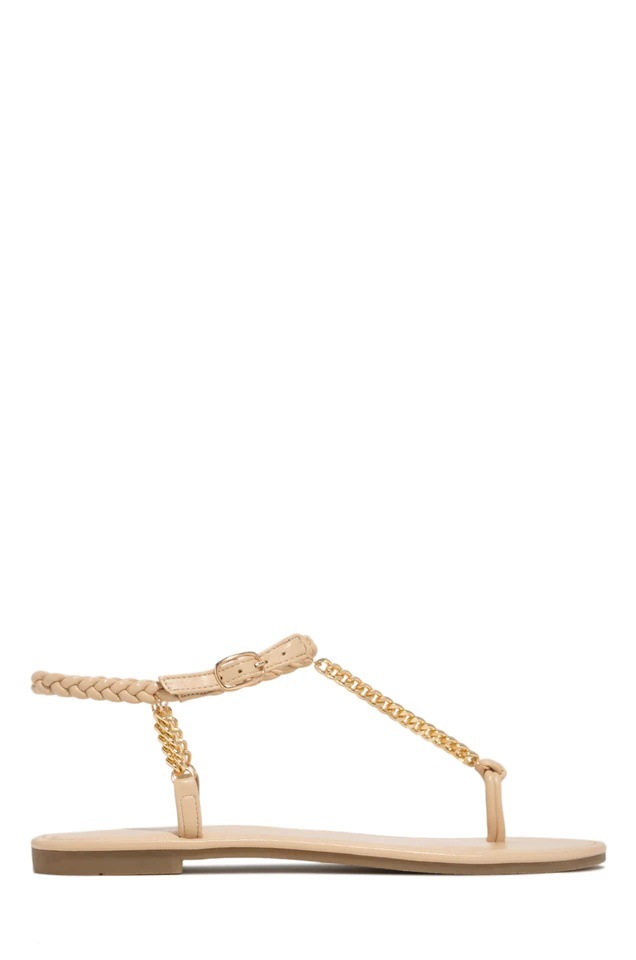 Round Toe Metal Chain Hollow Flat Sandals NSJJX113648