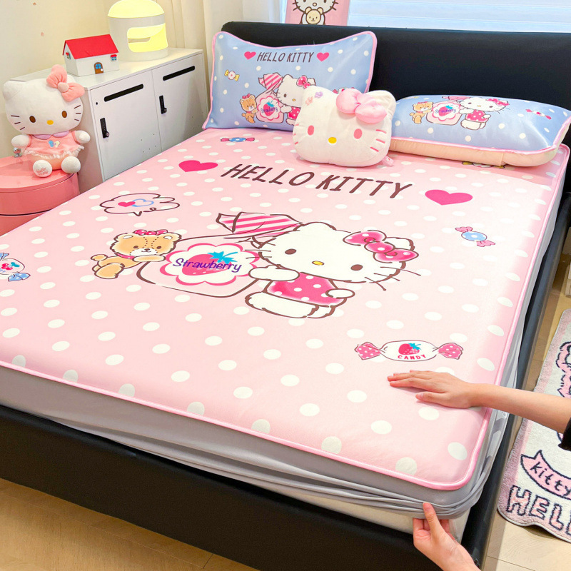 Garden Melody Fitted Sheet Style Ice Silk Cooling Mat Summer Quilt Four-Piece Set, Machine Washable Summer Mat, Knitted Cotton Summer Quilt
