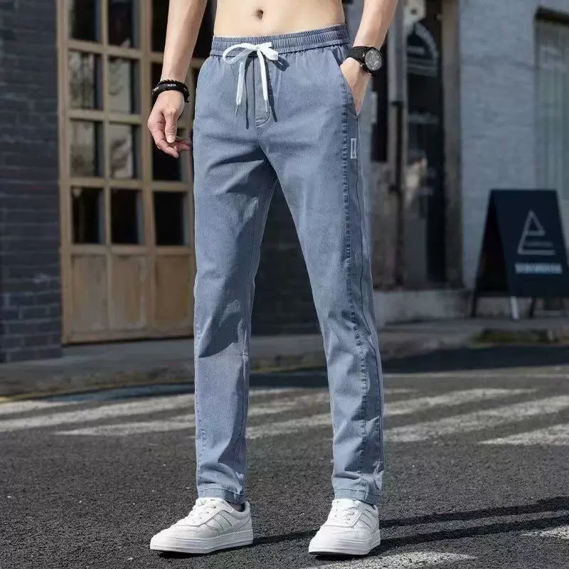 夏季薄款冰丝裤男宽松直筒休闲裤男长裤青年潮流百搭男士牛仔裤子