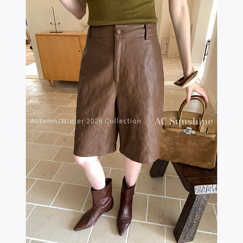 AC SUNSHINE retro relaxed style PU protein leather soft casual commuting straight-leg women's leather shorts 8685 AC SUNSHINE retro relaxed style PU protein leather soft casual commuting straight-leg women's leather shorts 8685