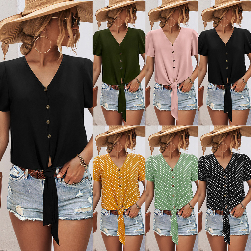 2024 Spring and Summer New Cross-border European and American Women's Clothing Amazon Independent Station Hot Selling eBay Explosions V-Neck Lace-Up Top