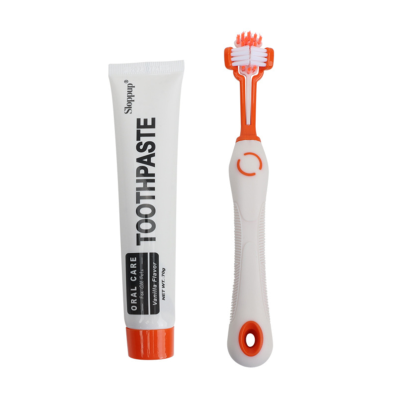 Cepillo de dientes para mascotas Cepillo de dientes para perros Cepillo de dientes para gatos Cepillo de dientes de tres cabezas Juego de pasta de dientes con sabor a vainilla Productos para mascotas al por mayor