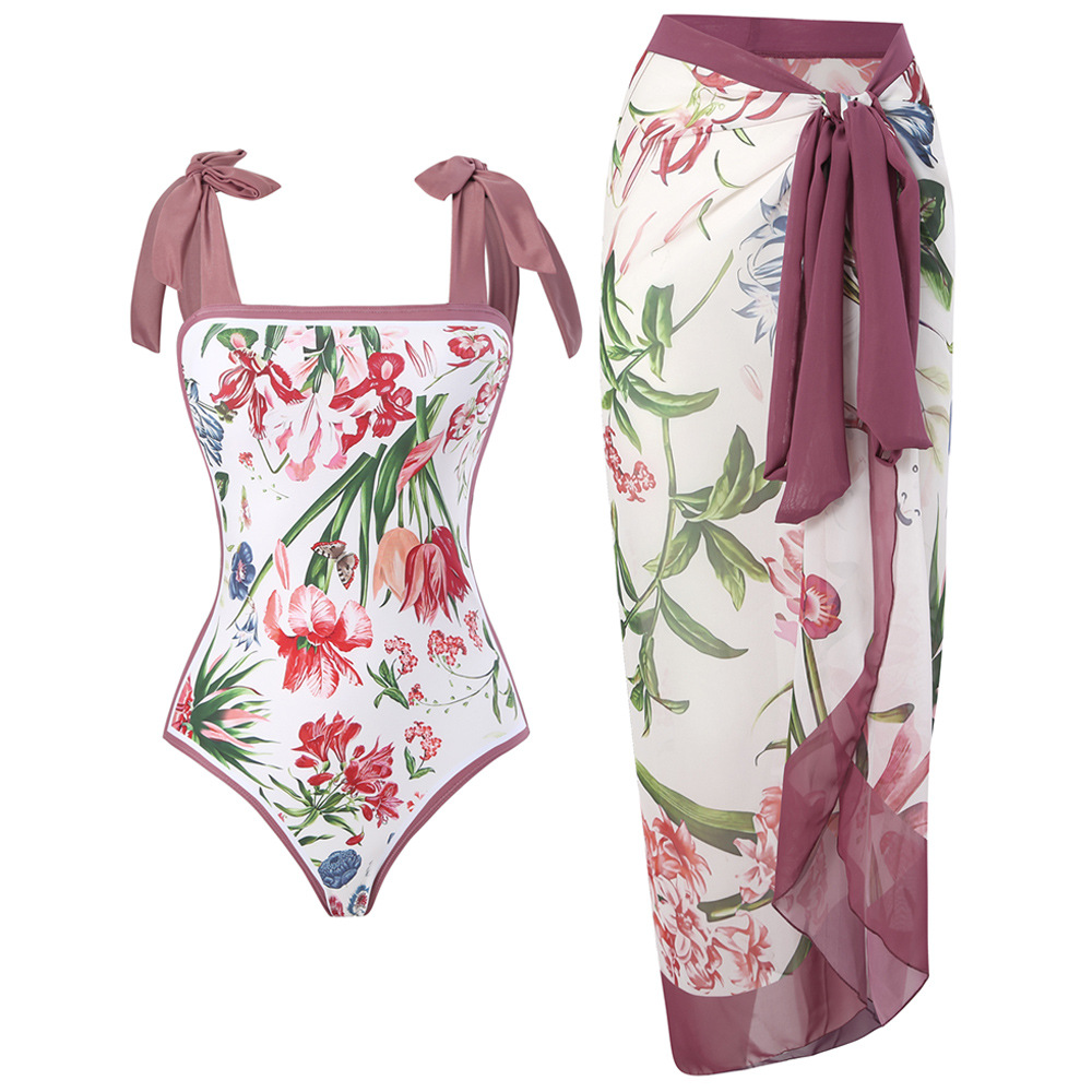 Retro-Badeanzug-Set mit hohem Kragen – Bescheidener Einteiler mit Rocküberwurf (S-XL) – Bademode aus Polyester mit Blumenmuster für Damen_voghion.com