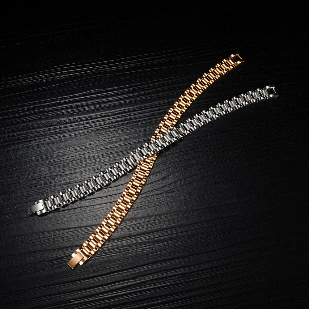 36g Weight Bracelets Classification Business, Travel Occasion Titanium Steel Material Geometric Pattern Men'S Gender Stoving Varnish Design Gold, Black Color Stainless Steel Fashion Men's Watch Chain Bracelet Wholesale Jewelry Nihaojewelry 4