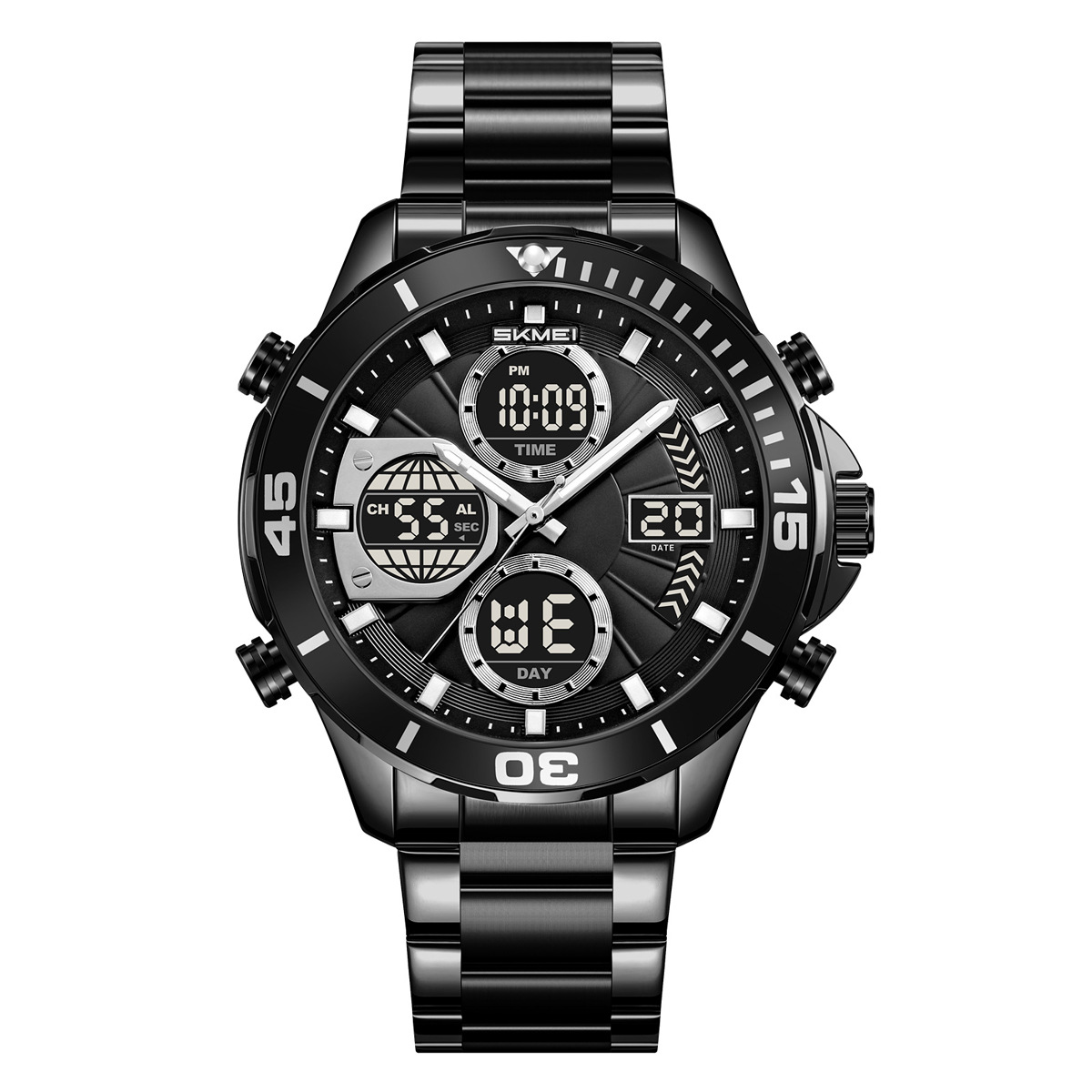 Momento de belleza para hombres doble reloj 30 metros de acero impermeable reloj de pulsera de negocios reloj deportivo de luz nocturna multifuncional al por mayor