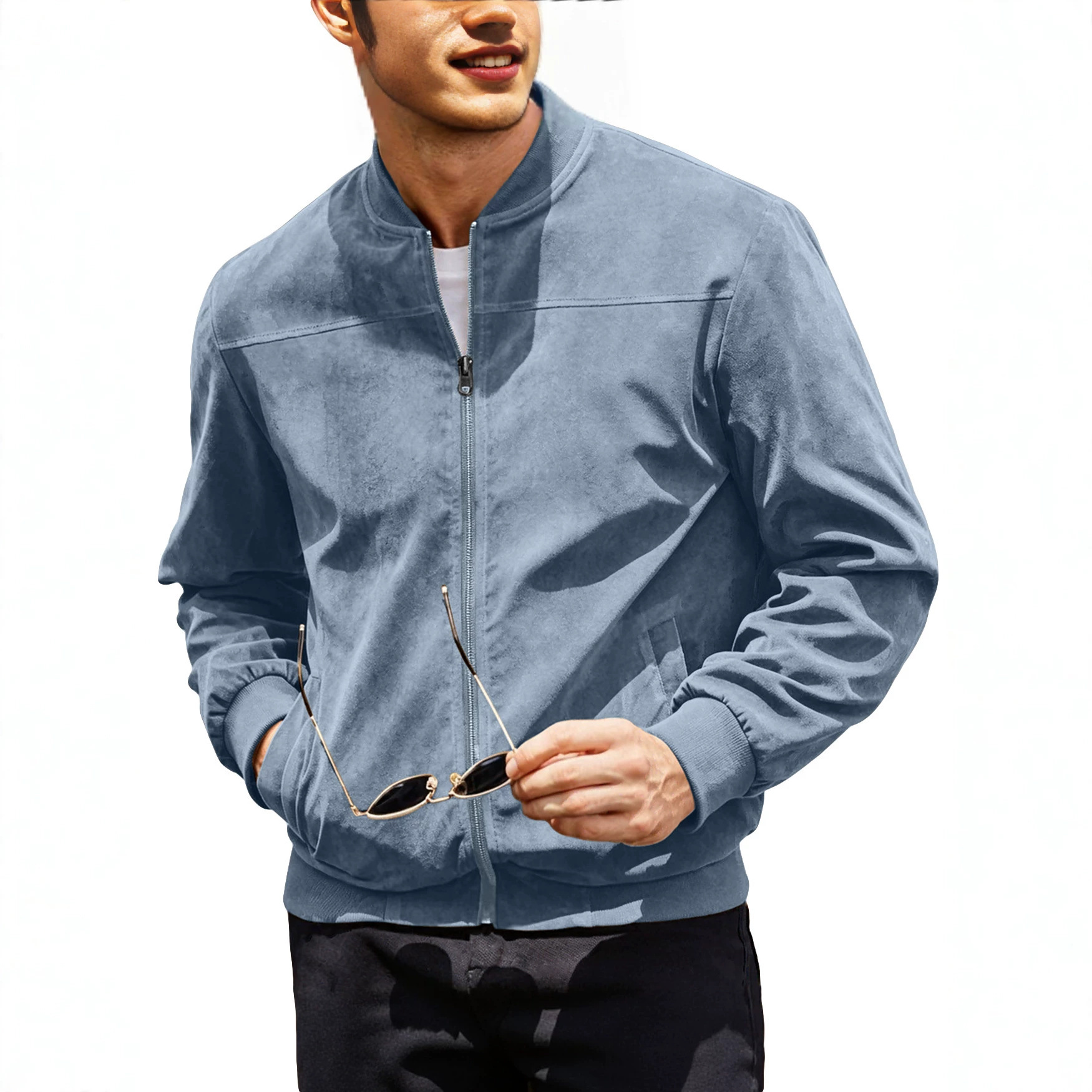 Chaqueta de aviador de gamuza para hombre, estilo europeo y americano, para otoño, color sólido, con cremallera, estilo retro americano, de manga larga.