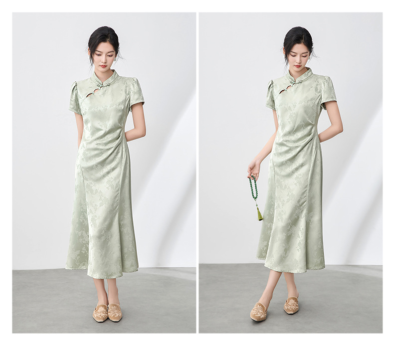 Đầm maxi nữ thắt eo phong cách sườn xám cổ điển, họa tiết phù điêu jacquard phương Đông — Màu xanh lá chi tiết 14