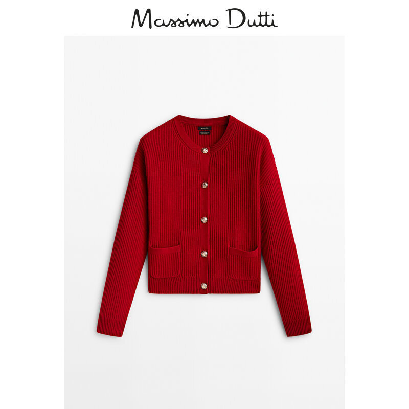 Massimodutti Women's Clothing 2026 Autumn and Winter New Style Small Fragrant Red Wool Sweater Knitted Cardigan Short Jacket for Women