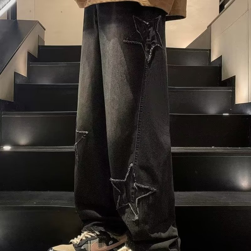 Y2K Vintage Men Korean Blue Streetwear Oversize Star Aesthetic Straight Trousers Wide Leg Jeans Grunge Denim Pants Women Clothes