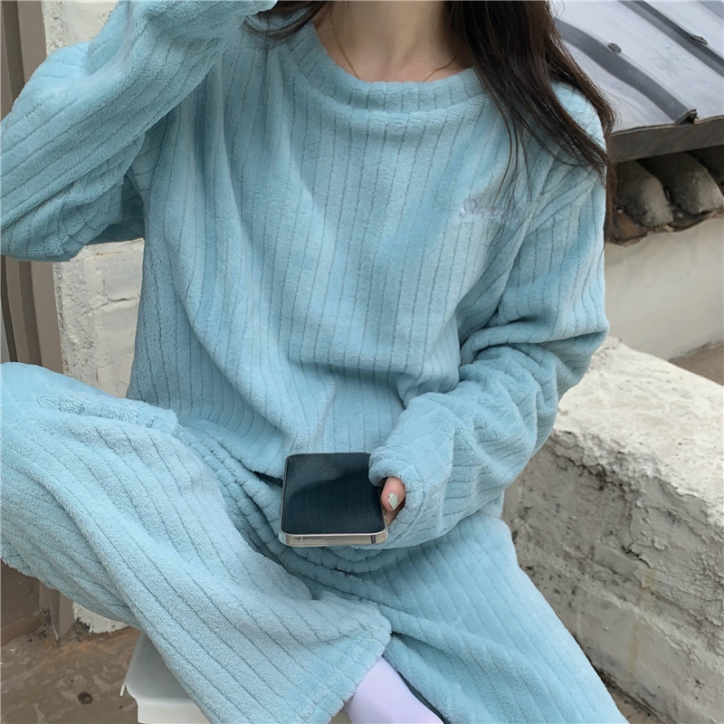 珊瑚绒睡衣女冬天加厚外穿法兰绒家居服宽松长款开衫套装加厚保暖|undefined