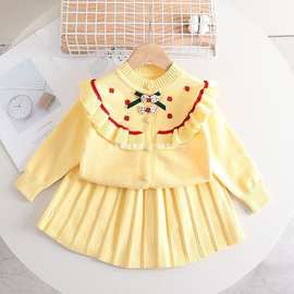 针织女童开衫春装2025春秋新款红色宝宝套装儿童毛衣外套两件套