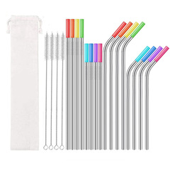 Cross-border 304 stainless steel 20-piece straw set, beverage milk tea metal easy to clean straight and curved straws