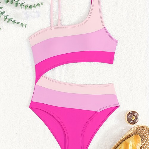 New Amazon girls' flat-bottom swimwear with color-blocked, single-shoulder one-piece swimsuit for ages 6-14