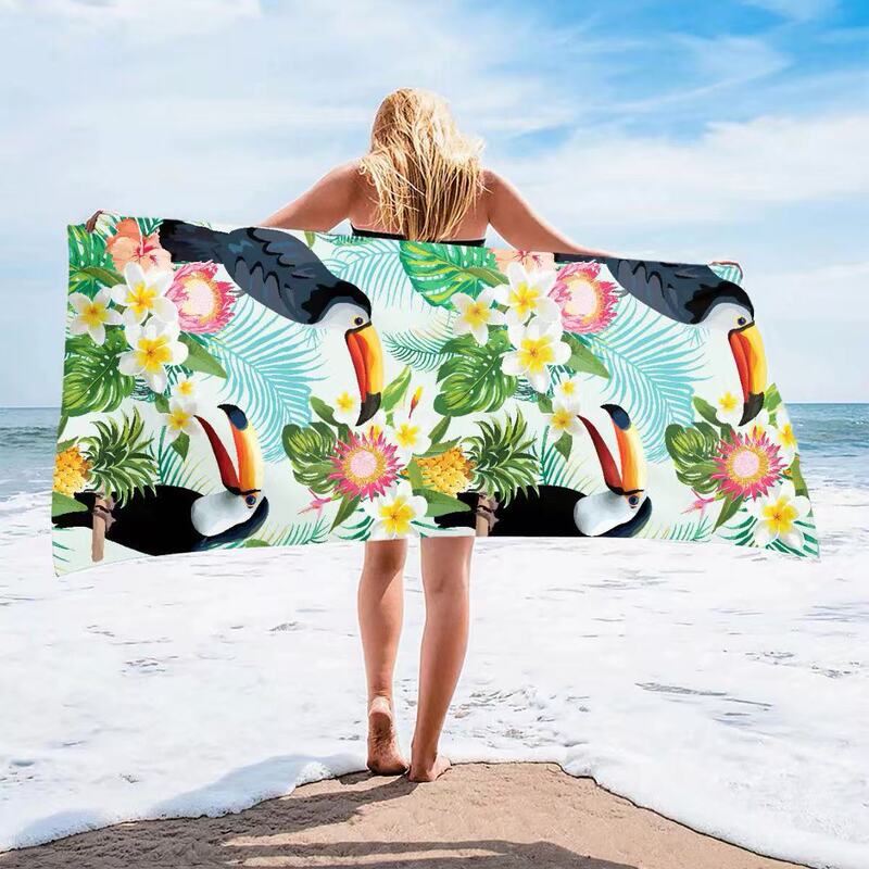 2026 New European and American Style 3D Printed Tropical Bird and Flower Beach Towel, Water-Absorbent, Quick-Drying, Microfiber, for Seaside Vacation