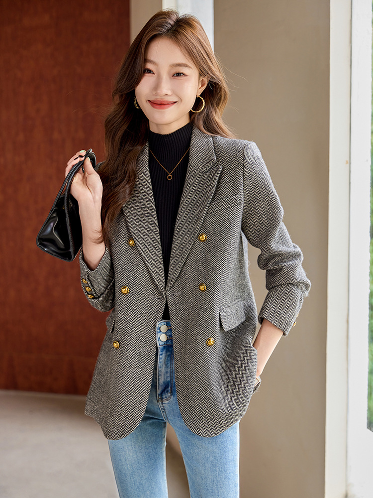 【海外貿易人気商品】高級ウールコーヒー色の綿入りスーツジャケット レディース 2026春秋 韓国風ダブルブレストジャケット