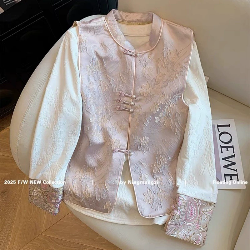 Новый китайский жаккардовый жилет розового светло-голубого цвета Весенний костюм 2025