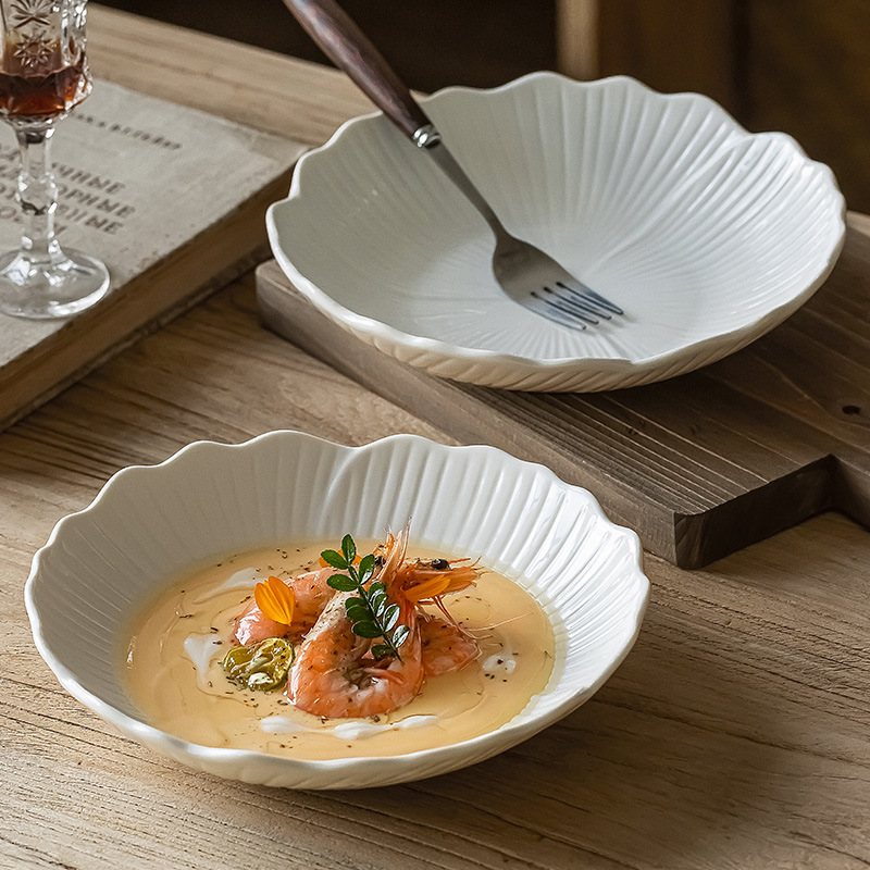 Plato hondo, plato de sopa de alta gama, plato de frutas en forma de flor, ensaladera, plato de plato japonés, plato de desayuno, plato de cerámica para el hogar