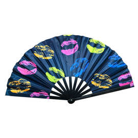 跨境现货塑料骨33cm大尺寸功夫扇响扇狂欢扇欧美风炫彩闪粉