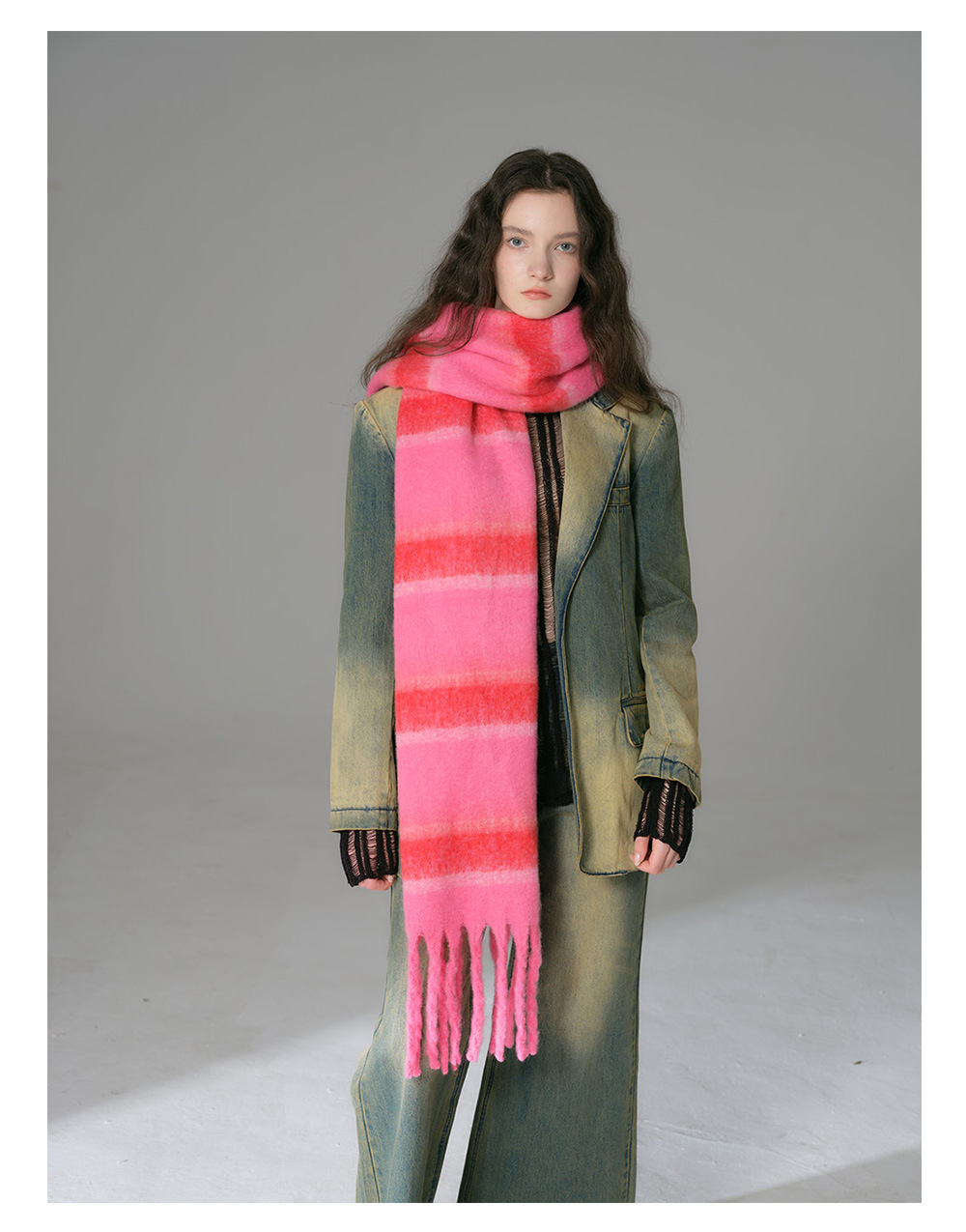 Sciarpa in cashmere imitazione barba spessa a righe abbinata a nuovi colori, scialle oversize con bavaglino oversize con frange e atmosfera morbida invernale da donna_voghion.com