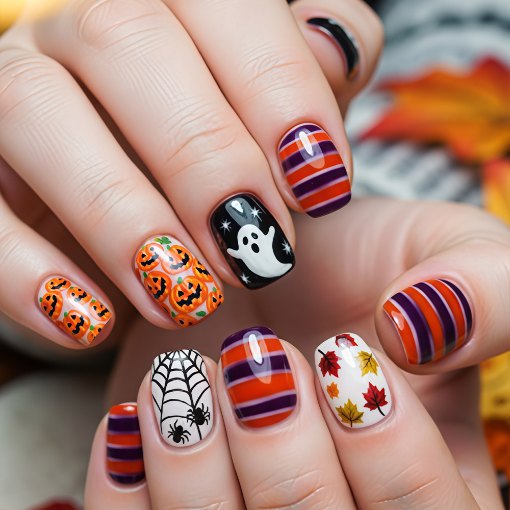 24 piezas de calabazas dulces y frescas, atmósfera festiva de uñas, uñas falsas, lotes mixtos.