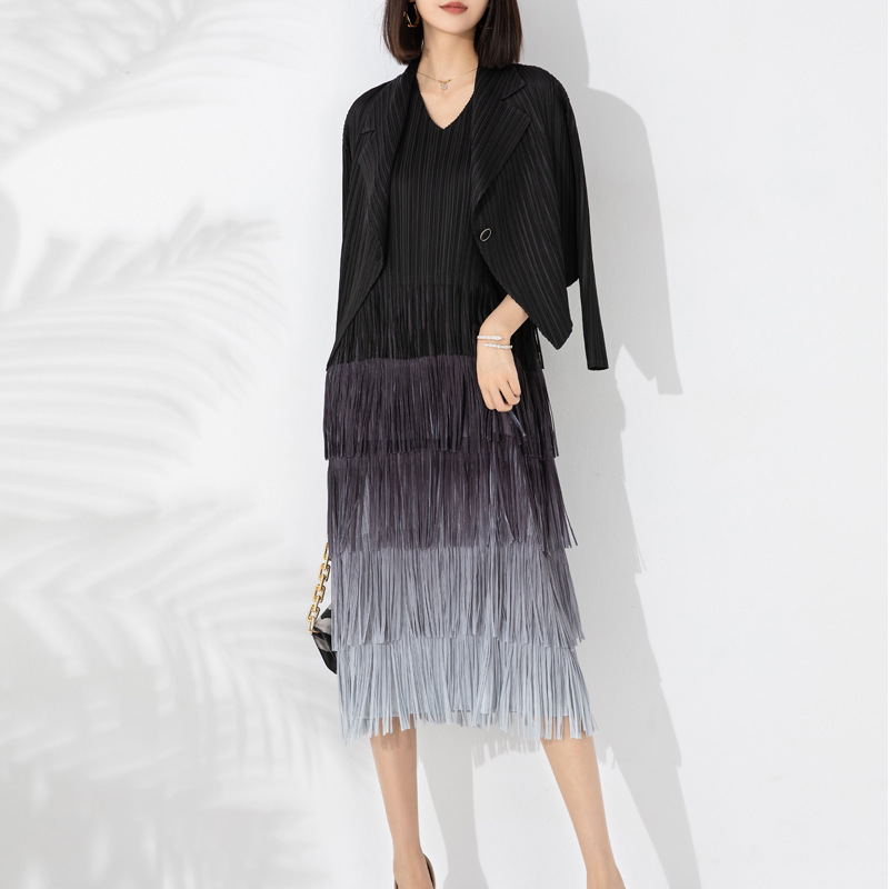 Autumn and winter women's clothing fashion suit 2023 plus size gradient color inner tassel dress suit jacket two-piece suit