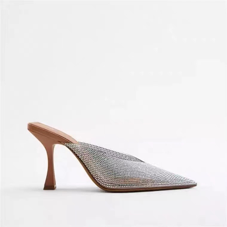 New product pointed rhinestone shiny high heels PVC transparent thin heels shallow back exposed heels fashion sandals for women