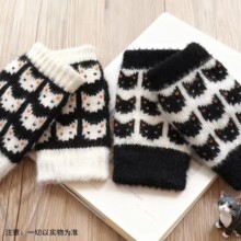 新款拼色菱形短款手套秋冬新款毛线保暖袖套时尚女针织露指臂套