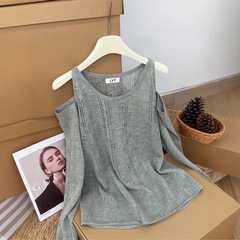 オリジナル正規品！韓国オリジナルデザインのオフショルダー長袖ニットセーター、女性用、ゆったりとした薄手のブラウス、通勤スタイル
