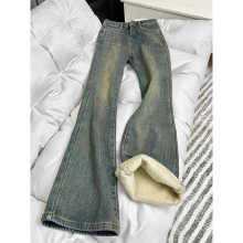加绒加厚直筒牛仔裤女2024年秋冬大码胖mm高腰遮胯弹力微喇马蹄裤