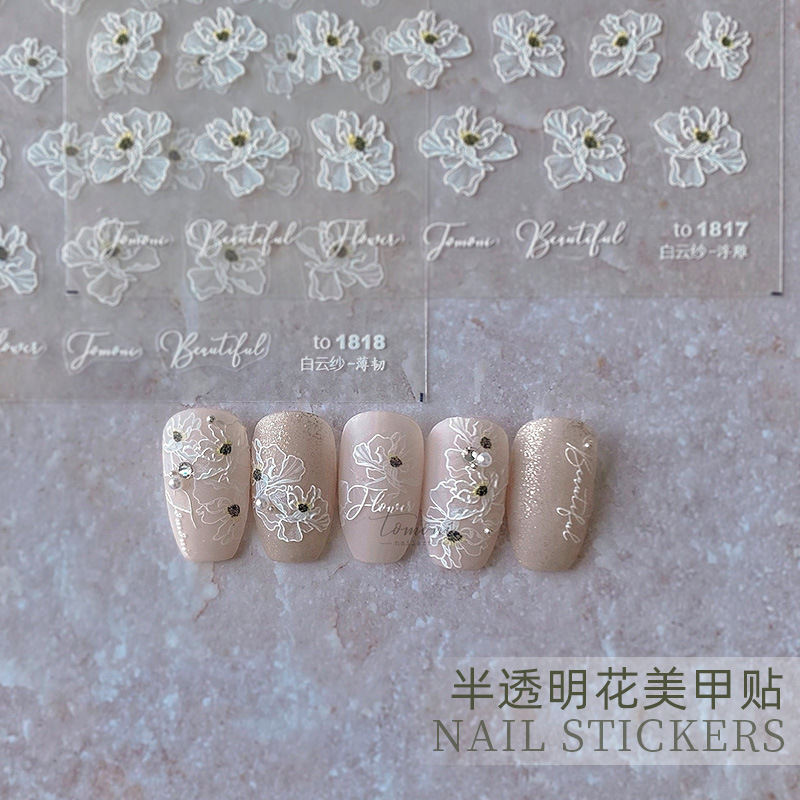 Estilo ins papel adhesivo de uñas en línea popular semitransparente Rosa Camelia alivio tridimensional popular fototerapia avanzada pegatina de uñas