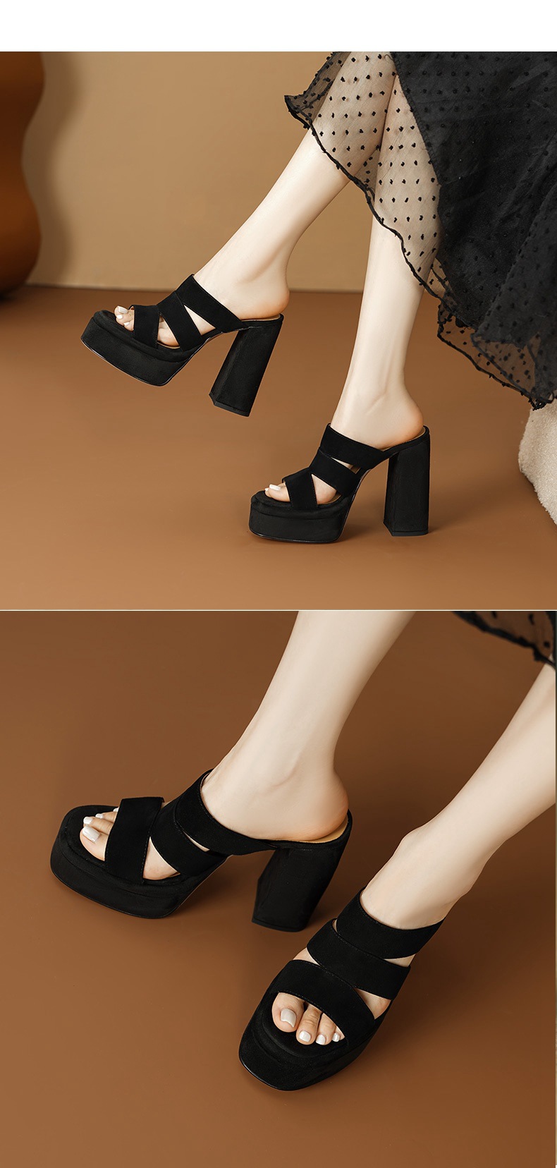 Sandal cao gót nữ hở mũi gót thô 12 cm đế dày phong cách La Mã — đen chi tiết 5