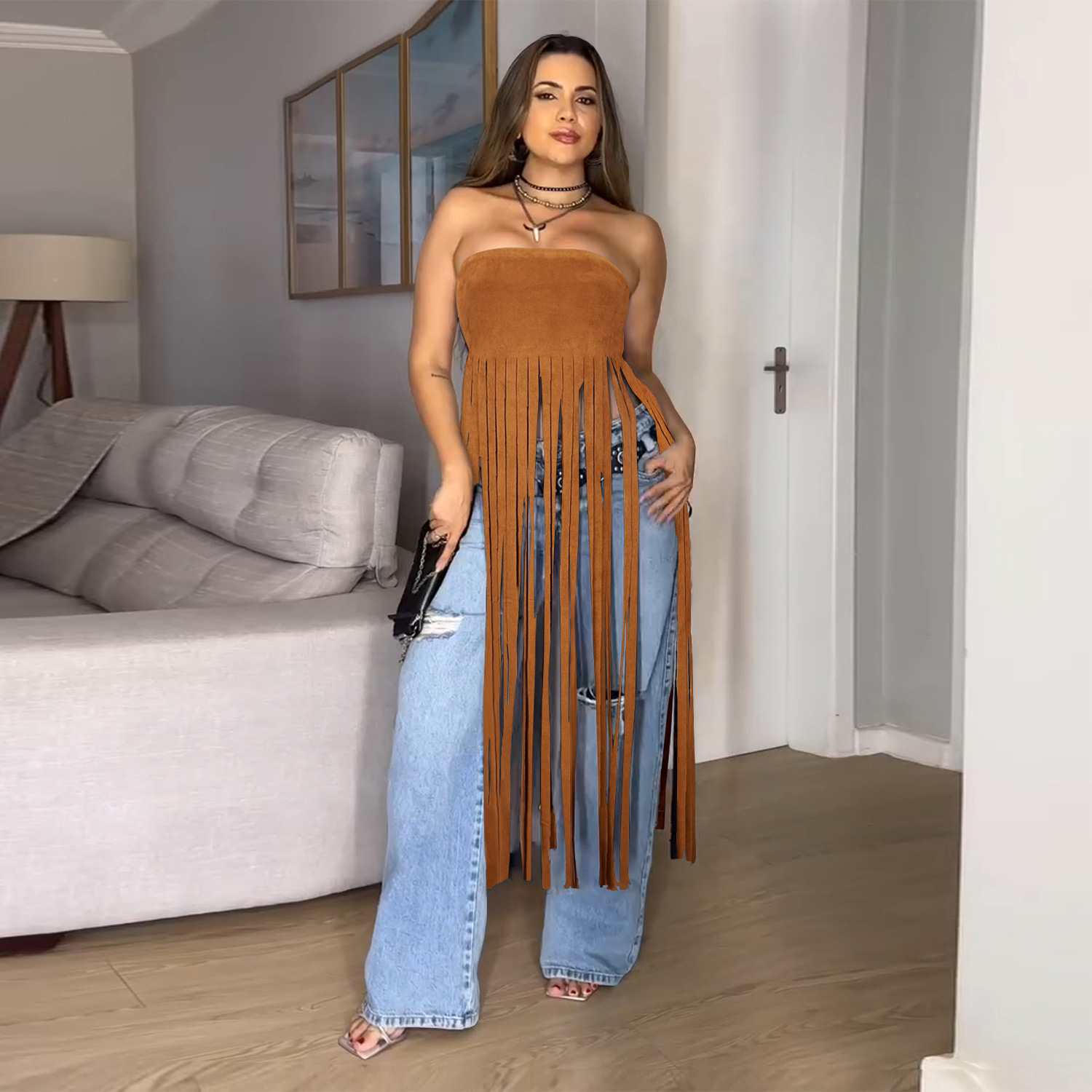 C7436 Cross-border AliExpress Amazon Ropa de mujer de moda europea y americana Falda de tubo sexy de terciopelo de piel de venado con flecos de color sólido