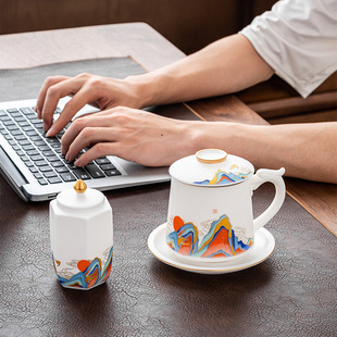 Plain Burned Suet Jade Porcelain Office Cup Tea Cup with Pot Ceramic Tea Separation with Lid Filter Office Cup