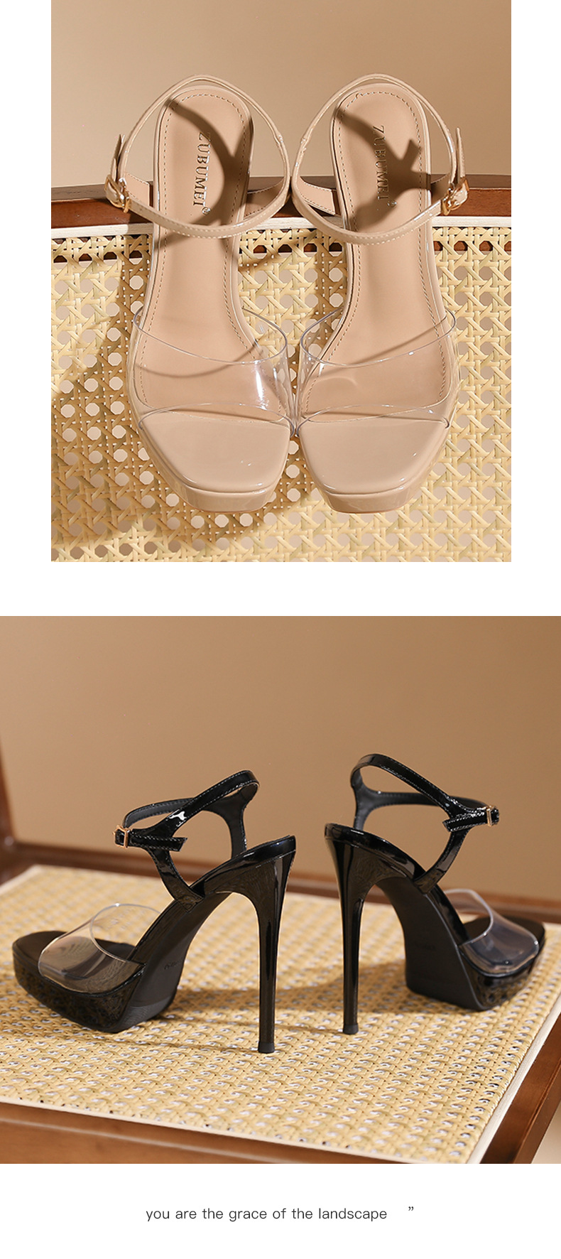 Sandal cao gót nữ mũi vuông quai một dây trong suốt, gót nhọn đế platform 14 cm — Hồng nude-14cm chi tiết 8