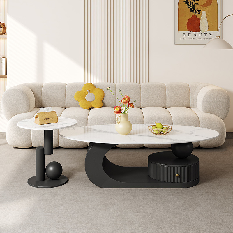 Mesa de té de tabla de roca ovalada para la sala de estar de lujo ligero doméstico moderno nuevo tipo simple de casa pequeña combinación de mesa de té de crema