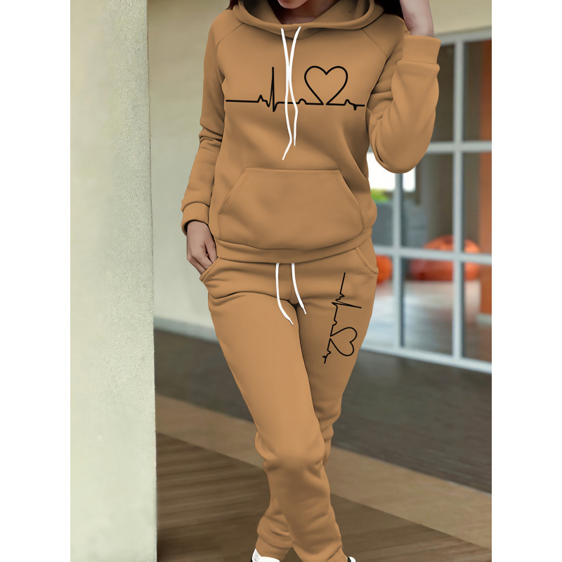 New Cross-Border Ladies Casual Autumn Winter Suit Heartbeat Print Hoodie with Kangaroo Pocket and Matching Jogger Pants