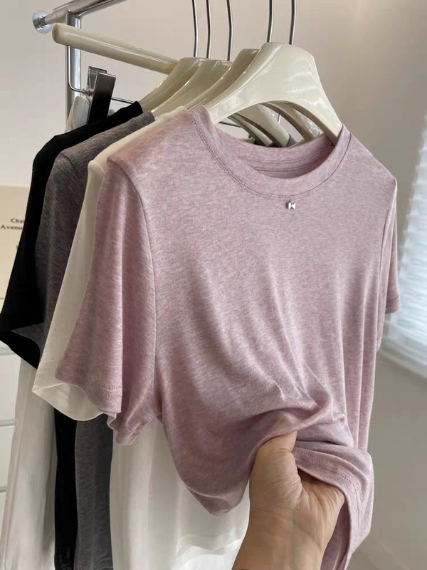 テンセルウールスモールメタルリボン半袖Tシャツ柔らかく快適なラウンドネックTシャツシンプルな半袖レディーストップス|undefined