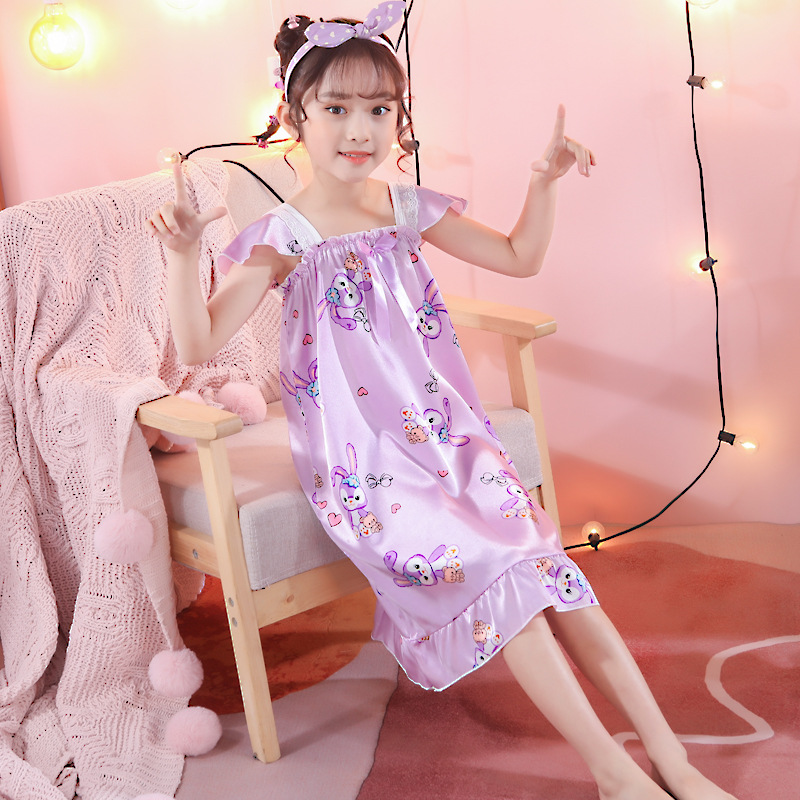 Hielo vestido de pijama de niños princesa viento de verano caricatura de seda de simulación de chicas cabina vestido de mangas cortas ropa para el hogar