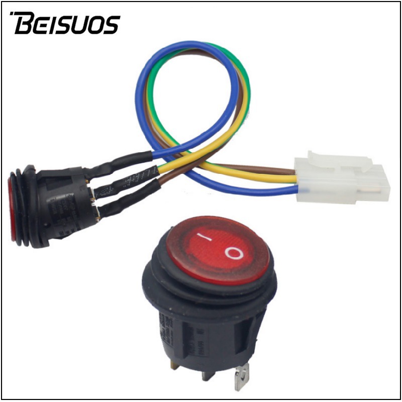 IP65圆形防水开关三脚二档带红灯绿灯带线防水船形开关开孔20mm